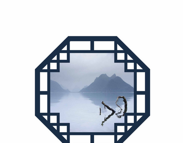 蓝色窗框山水PNG素材