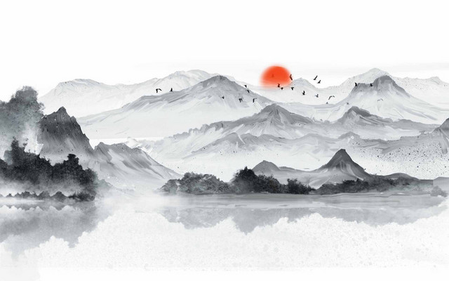 中国风水墨墨迹水墨油画笔触山水日出美景古风PNG素材