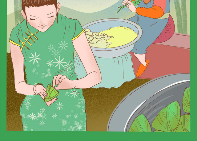 端午节包粽子卡通人物插画PNG素材