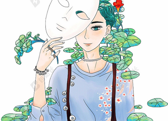 卡通人物绿叶花朵美容面膜护肤品海报背景