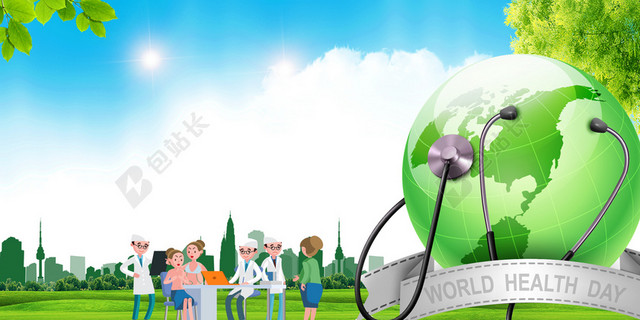 手绘医生在看病世界卫生日4月7日环保蓝色背景海报