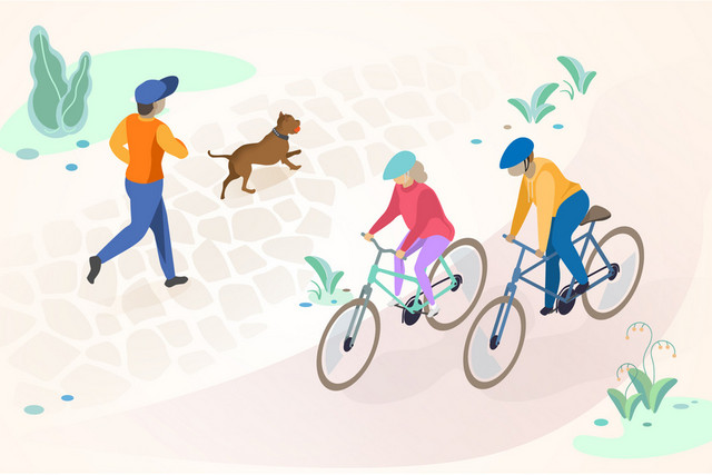 遛狗晨跑单车骑行运动健身矢量图