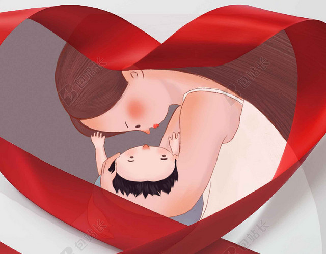 红色彩带卡通爱心人物中国母乳喂养日母婴知识海报背景