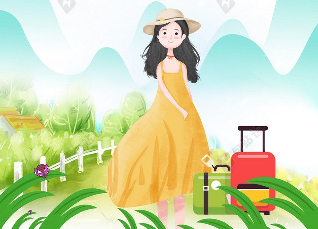 小清新卡通手绘少女五一劳动节旅游宣传促销海报背景