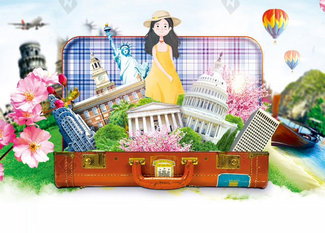 小清新卡通手绘少女五一劳动节旅游宣传促销海报背景