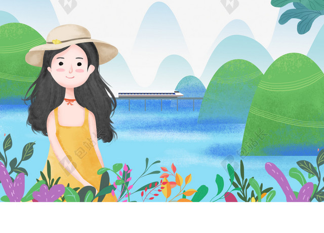 清新卡通手绘少女五一劳动节旅游宣传促销海报背景