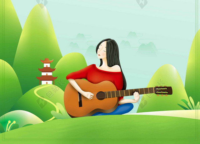 绿色山水手绘少女卡通5月你好海报背景