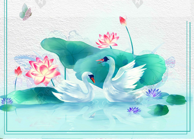 边框浅蓝花朵绿叶动物手绘卡通5月你好海报背景