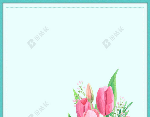 蓝白边框手绘花瓶花朵5月你好海报背景