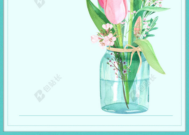 蓝白边框手绘花瓶花朵5月你好海报背景
