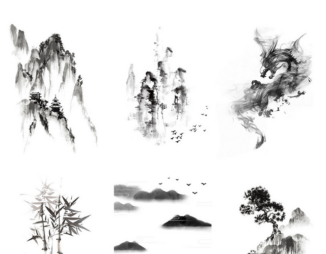 水墨画古建筑山水PNG素材