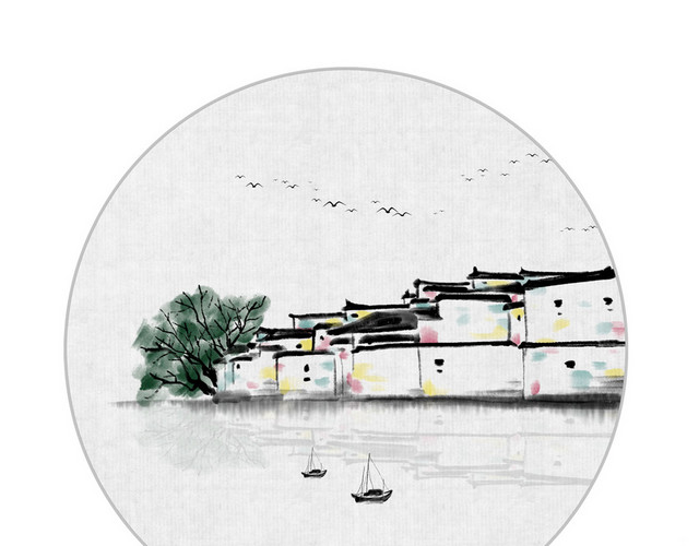 黑白水墨画古建筑山水PNG素材