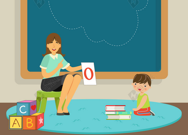 手绘老师和学生早教幼儿园招生蓝色黑板边框背景海报