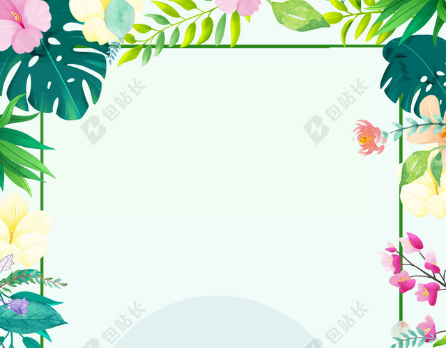 边框五彩花卉树木风景卡通五月你好海报背景