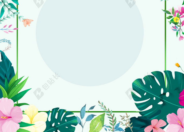 边框五彩花卉树木风景卡通五月你好海报背景
