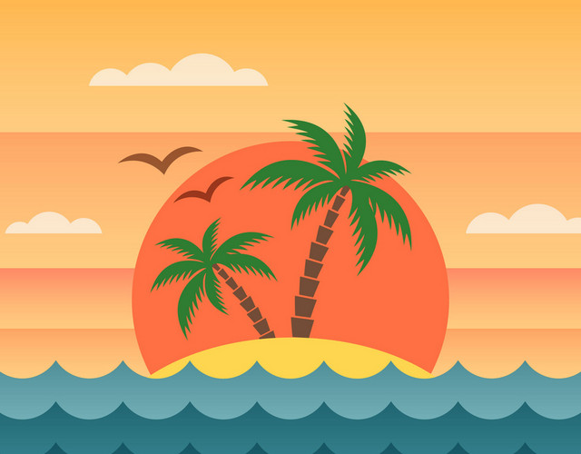 夏天椰子树热带植物夕阳海浪素材