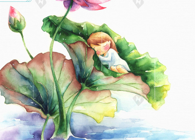 绿色池塘动物树手绘6月你好海报背景