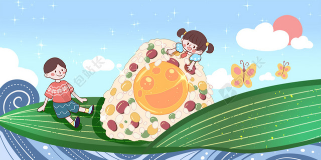 手绘卡通可爱俩小孩和棕子端午节传统节日蓝色背景海报插画