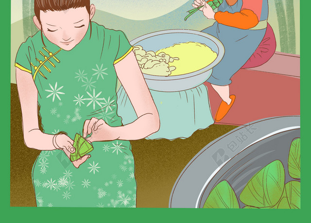 手绘卡通端午节传统节日两个妇女在包棕子插画背景海报