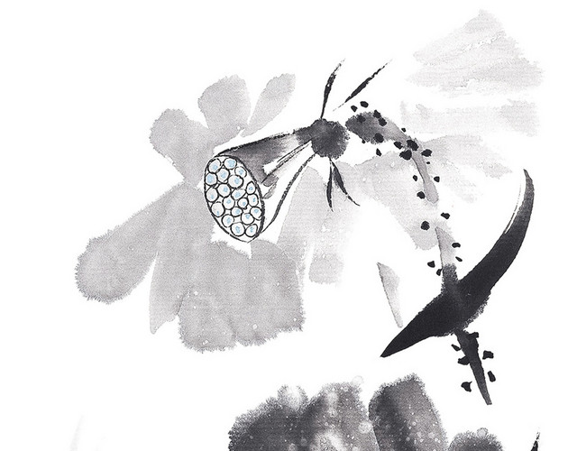 黑白水墨画立夏夏天荷叶荷花鲤鱼山水画PNG素材