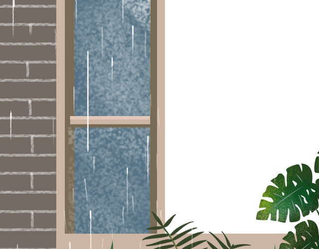 谷雨雨天窗外植物花朵卡通插画素材