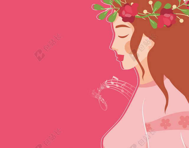 手绘带着花环的孕妈胎教知识育儿红色背景海报