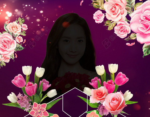 鲜花拥簇妹子边框鲜花韩式半永久美容化妆紫色海报背景