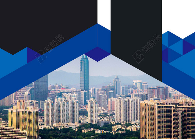 蓝黑白城市风景企业画册封面背景
