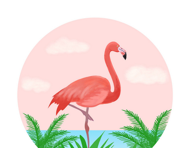 梦幻热带生物鸟类火烈鸟海滩植物矢量素材