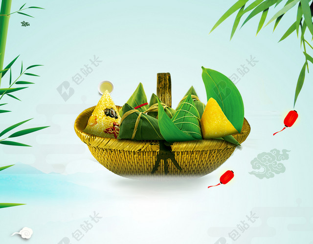 清新湖面粽子端午节放假通知海报背景