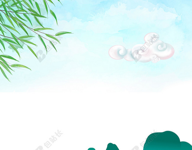 卡通水彩荷花竹子端午节赛龙舟绿色海报背景