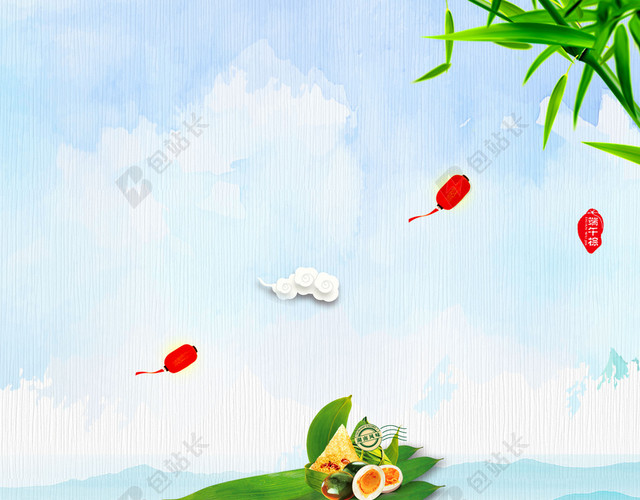 清新卡通粽子灯笼端午节赛龙舟蓝绿色海报背景