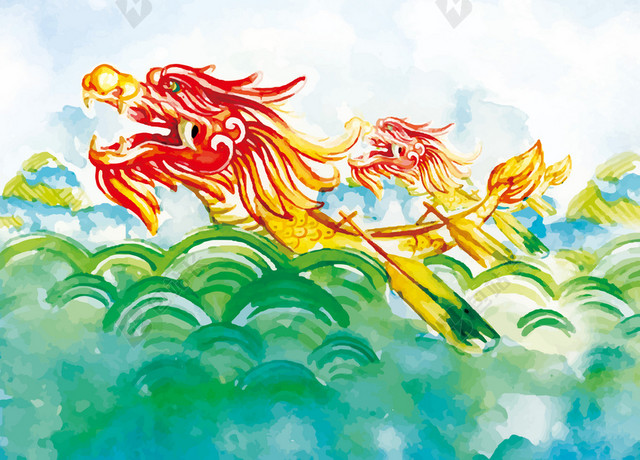 水彩中国风彩色竹子端午节赛龙舟海报背景