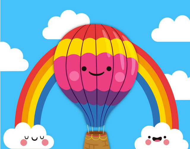 六一卡通风儿童节彩虹飞天场景热气球可爱云朵素材