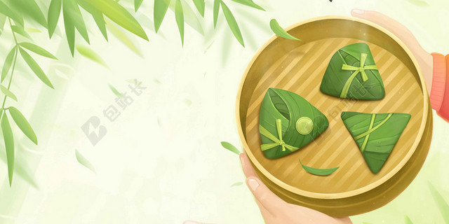 绿白树叶人手卡通端午节粽子海报背景