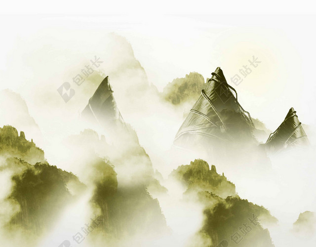 白色云古风雾山峰风景端午节粽子海报背景