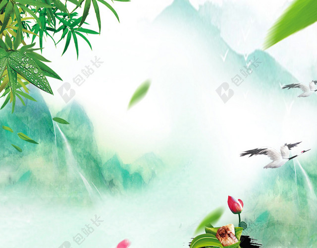 中国风清新绿色龙舟山水特价端午节促销海报背景