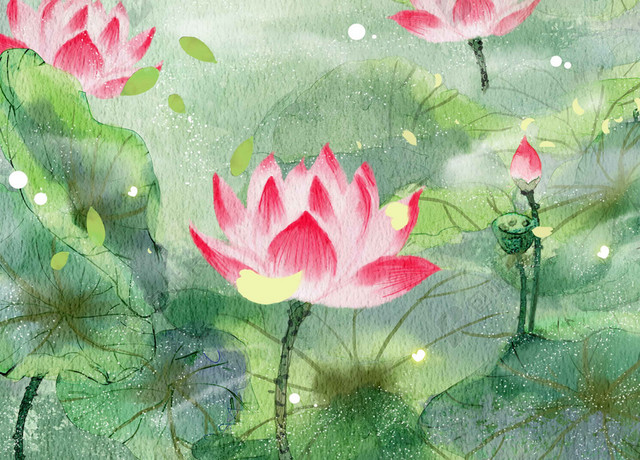 绿色山水花朵手绘六月你好海报背景
