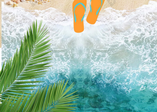夏日海洋风蓝色海浪沙滩夏日度假拖鞋树叶背景素材