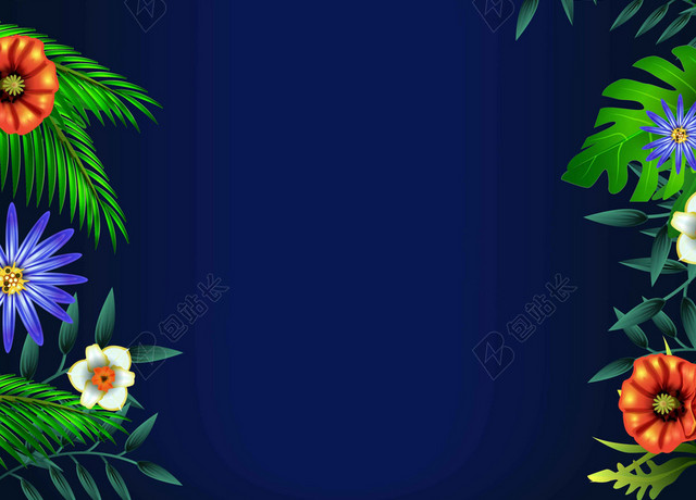 边框蓝黑花卉树叶卡通夏令营海报背景