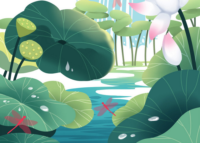夏日夏至荷花池蜻蜻蜓瀑布中国风素材