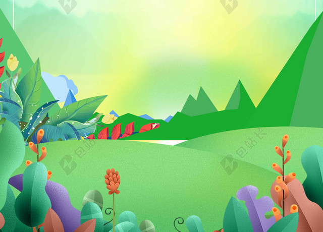 五彩山水树木气球风景卡通插画夏令营海报背景