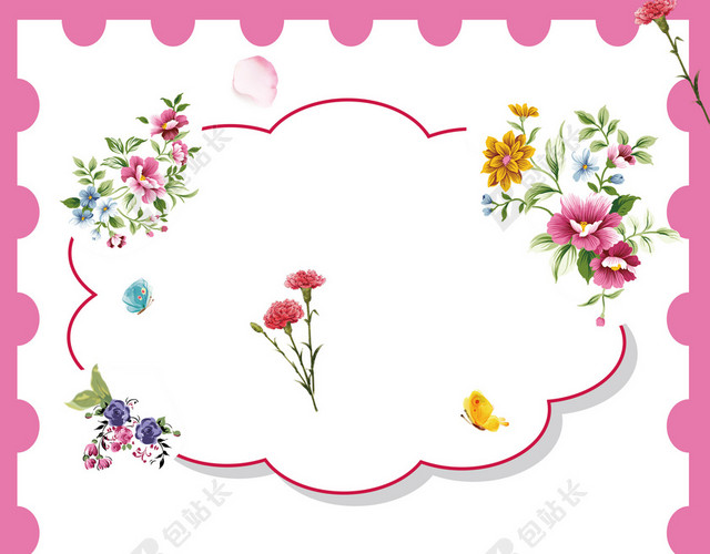可爱花朵母亲节快乐感恩宣传促销红色边框白色背景