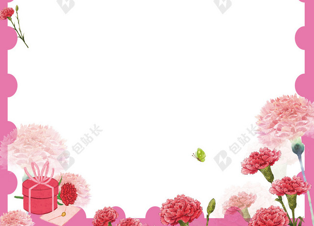 可爱花朵母亲节快乐感恩宣传促销红色边框白色背景