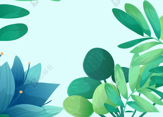 蓝色花朵树叶手绘插画夏天活动促销打折海报背景展板