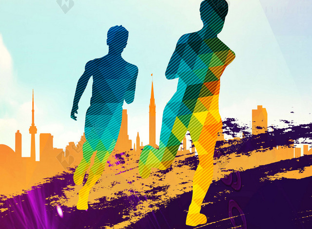 水彩渐变人物剪影跑步运动马拉松宣传运动员城市比赛海报背景蓝色