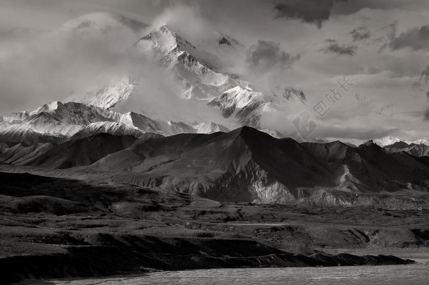 麦金利山 山 黑色和白色 冰川 景观 景区 德纳 云 户外