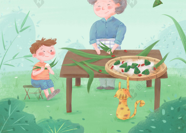 粽子奶奶孩子绿色端午节粽叶绿树灯笼猫卡通手绘海报背景