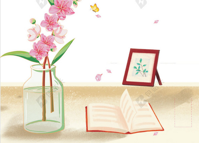 手绘芒种粉色花朵花瓶二十四节气相框书清新海报背景