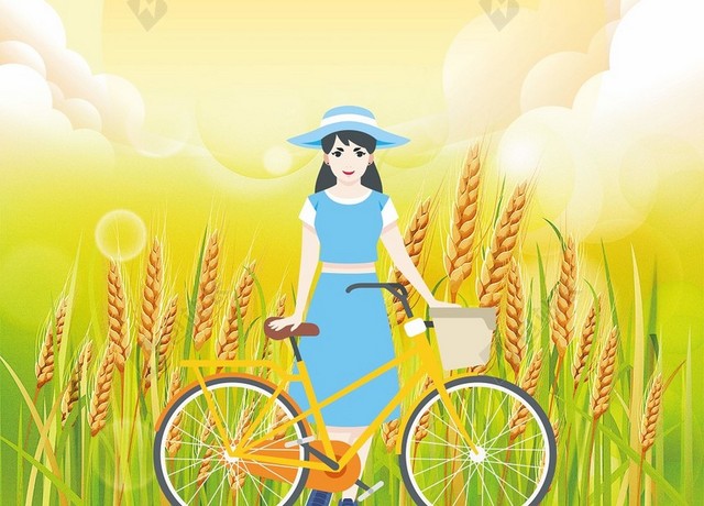 手绘黄色二十四节气女孩卡通太阳自行车芒种稻田稻穗海报背景
